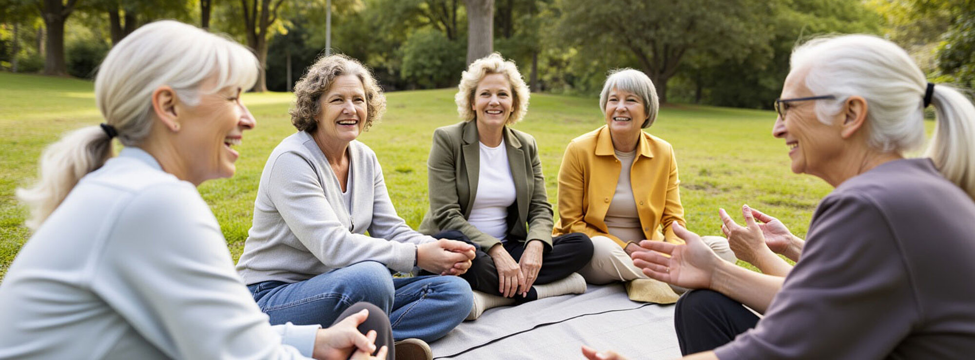 Sechs Frauen über 50 sitzen in einem Park im Kreis auf einer Decke und unterhalten sich.